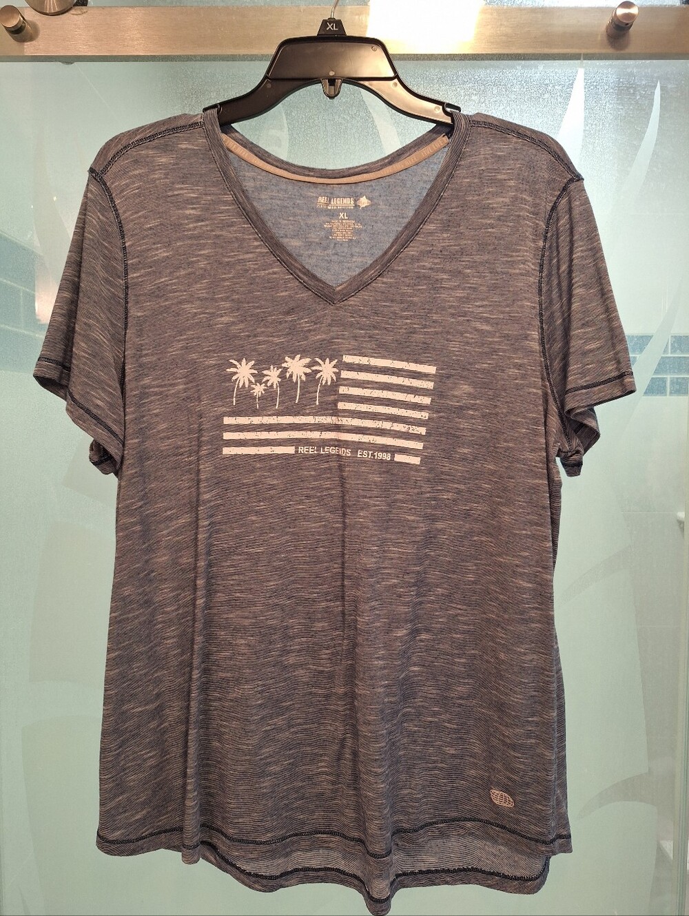 Blue V-Neck Graphic Tee with Palm Flag Print